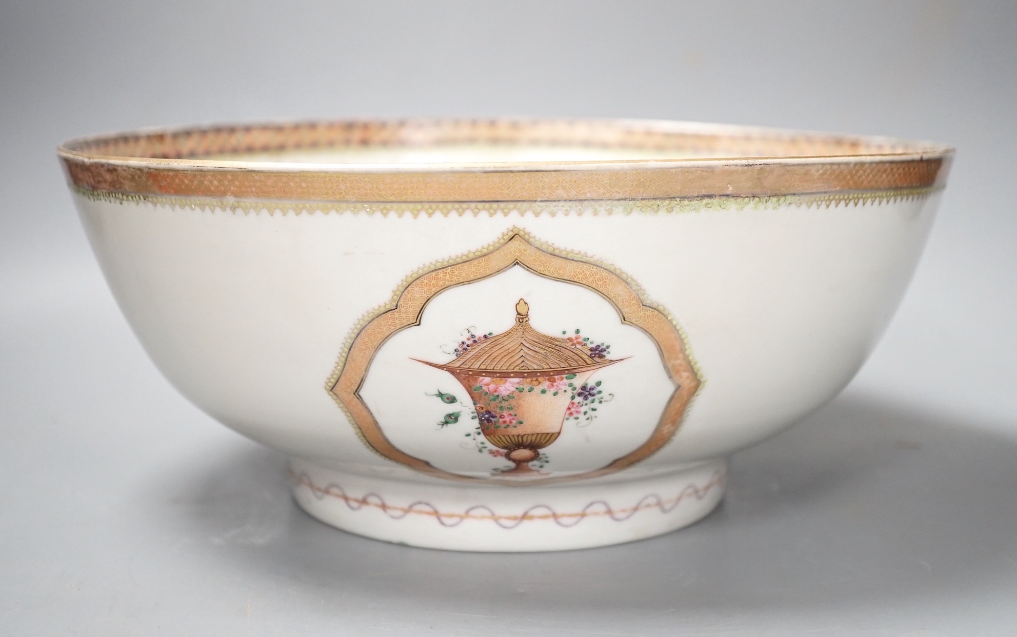 A Jun type dish, 13.5cm and an 18th century Chinese famille rose punch bowl, 29cm